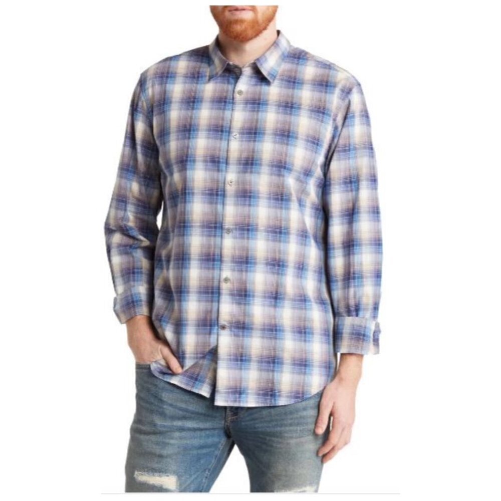 John Varvatos Mens Blue Plaid Collared Lightweight Button Up Shirt Sz XXL New